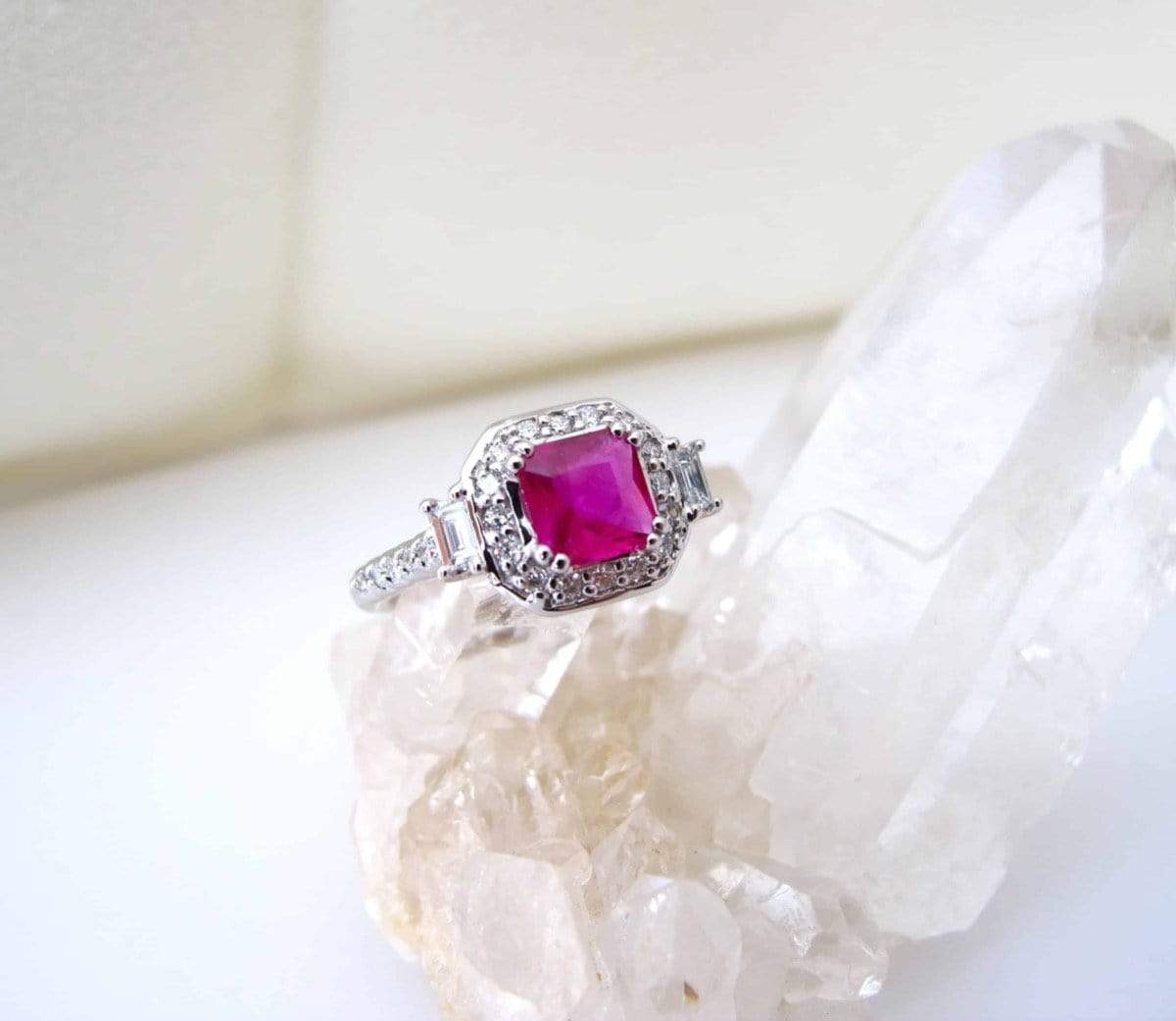 Radiant Cut Ruby Ring with Diamond Halo | Gems Excellence