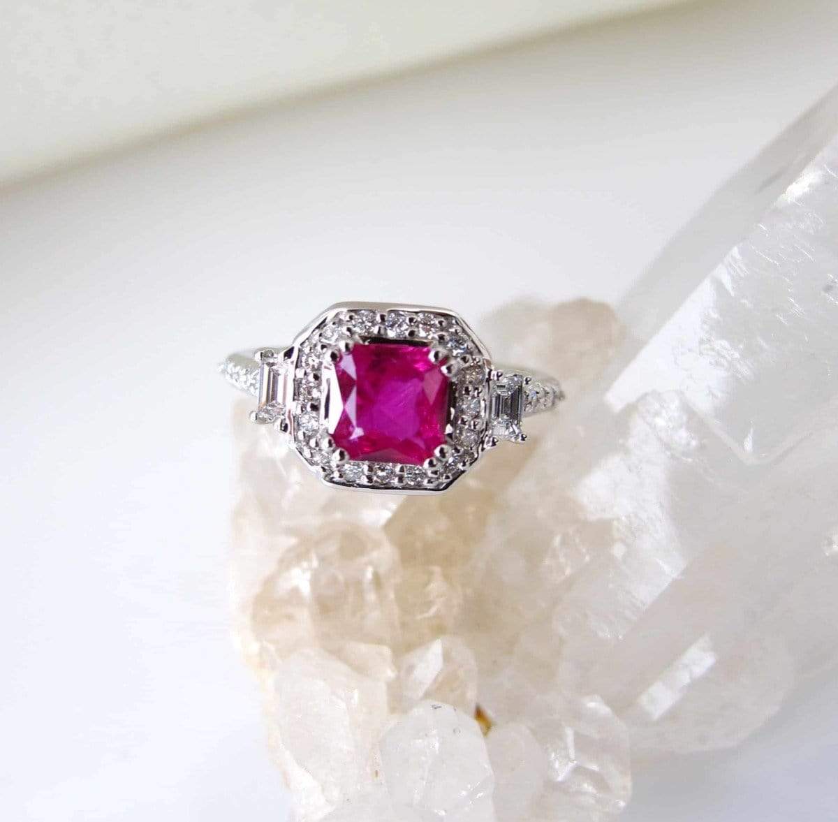 Radiant Cut Ruby Ring with Diamond Halo | Gems Excellence
