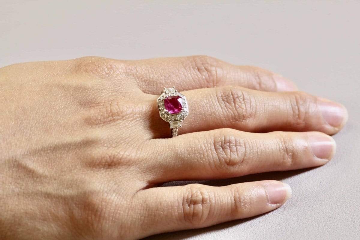 Radiant Cut Ruby Ring with Diamond Halo | Gems Excellence